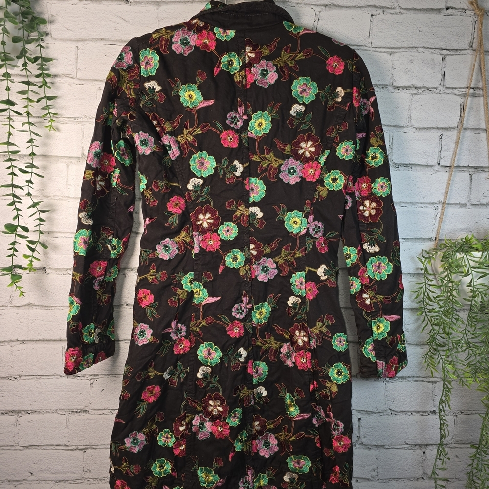 JOHNNY WAS CHOCOLATE BROWN FLORAL EMBROIDERED TRENCH COAT WOMENS XS - Picture 3 of 9